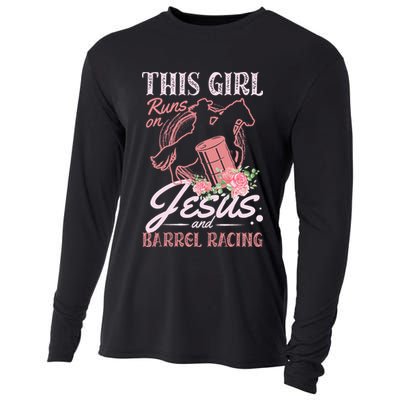 This Girl Runs On Jesus And Barrel Racing For A Barrel Racer Cooling Performance Long Sleeve Crew