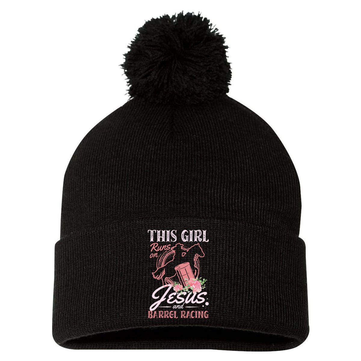 This Girl Runs On Jesus And Barrel Racing For A Barrel Racer Pom Pom 12in Knit Beanie