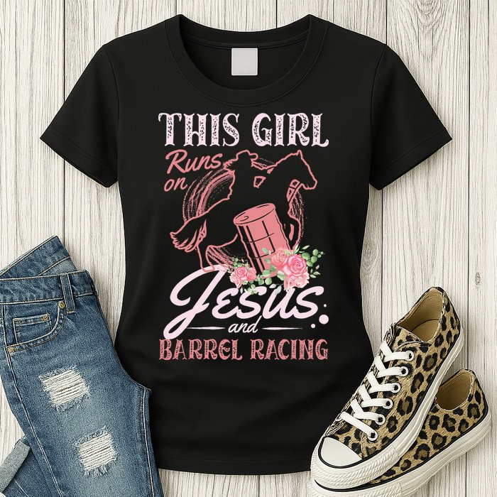 This Girl Runs On Jesus And Barrel Racing For A Barrel Racer Womens T-Shirt