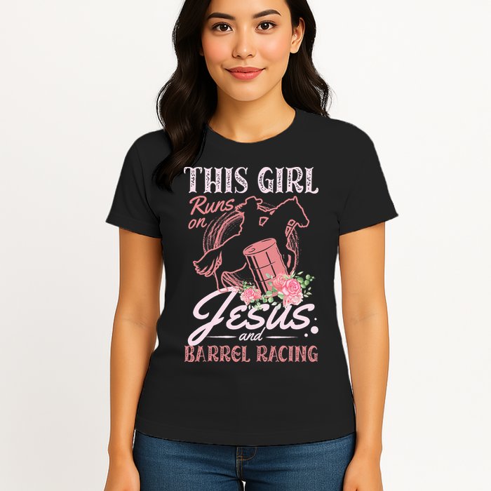 This Girl Runs On Jesus And Barrel Racing For A Barrel Racer Womens T-Shirt