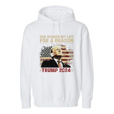 Trump God Spared My Life For A Reason Save Restore America Garment-Dyed Fleece Hoodie