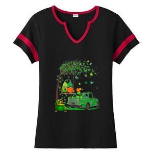 Two Gnomes Swing Tree Truck Clover Shamrock Patrick's Day Ladies Halftime Notch Neck Tee