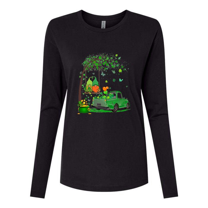 Two Gnomes Swing Tree Truck Clover Shamrock Patrick's Day Womens Cotton Relaxed Long Sleeve T-Shirt