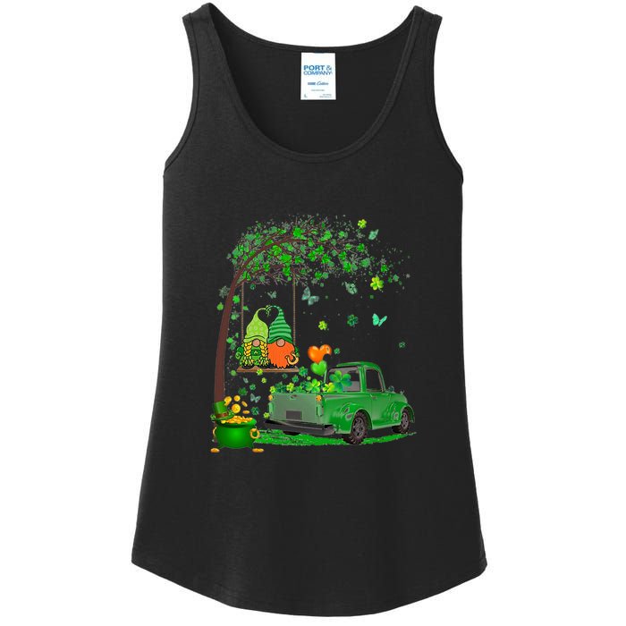 Two Gnomes Swing Tree Truck Clover Shamrock Patrick's Day Ladies Essential Tank