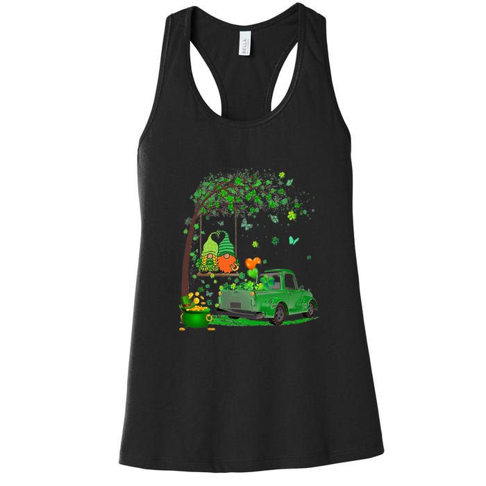 Two Gnomes Swing Tree Truck Clover Shamrock Patrick's Day Women's Racerback Tank