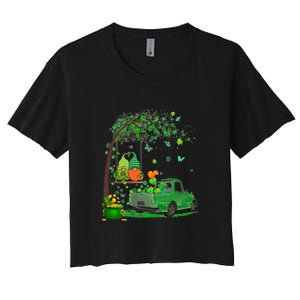 Two Gnomes Swing Tree Truck Clover Shamrock Patrick's Day Women's Crop Top Tee