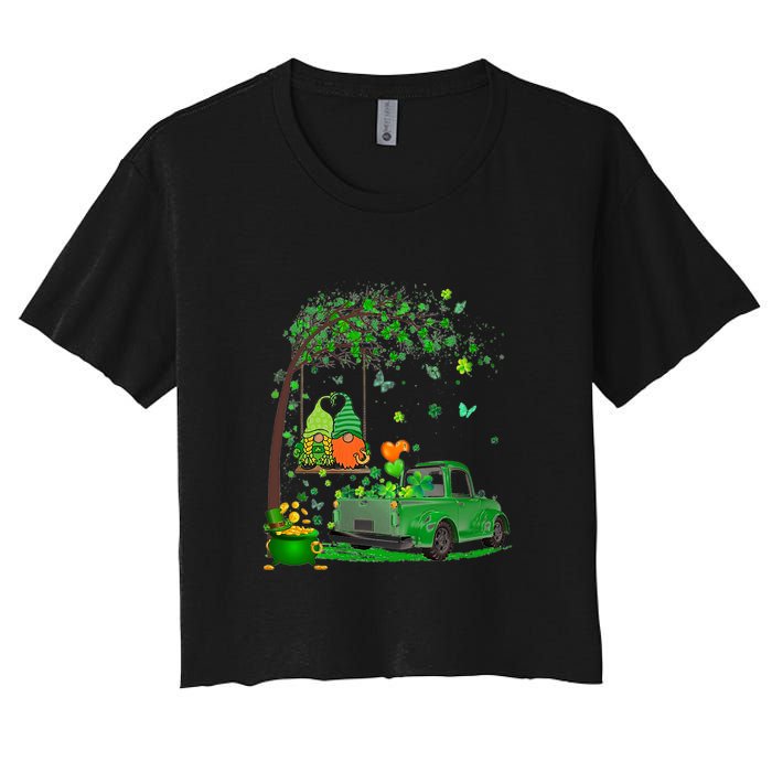 Two Gnomes Swing Tree Truck Clover Shamrock Patrick's Day Women's Crop Top Tee