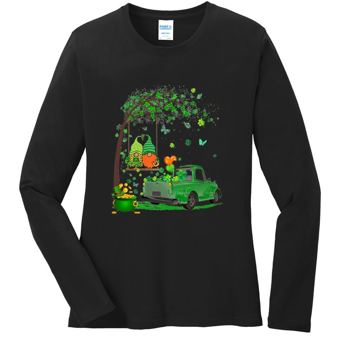 Two Gnomes Swing Tree Truck Clover Shamrock Patrick's Day Ladies Long Sleeve Shirt