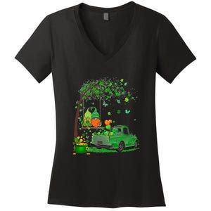 Two Gnomes Swing Tree Truck Clover Shamrock Patrick's Day Women's V-Neck T-Shirt