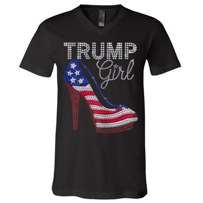 Trump Girl Stilettos High Heel American Flag Bling V-Neck T-Shirt