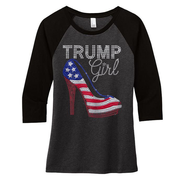 Trump Girl Stilettos High Heel American Flag Bling Women's Tri-Blend 3/4-Sleeve Raglan Shirt