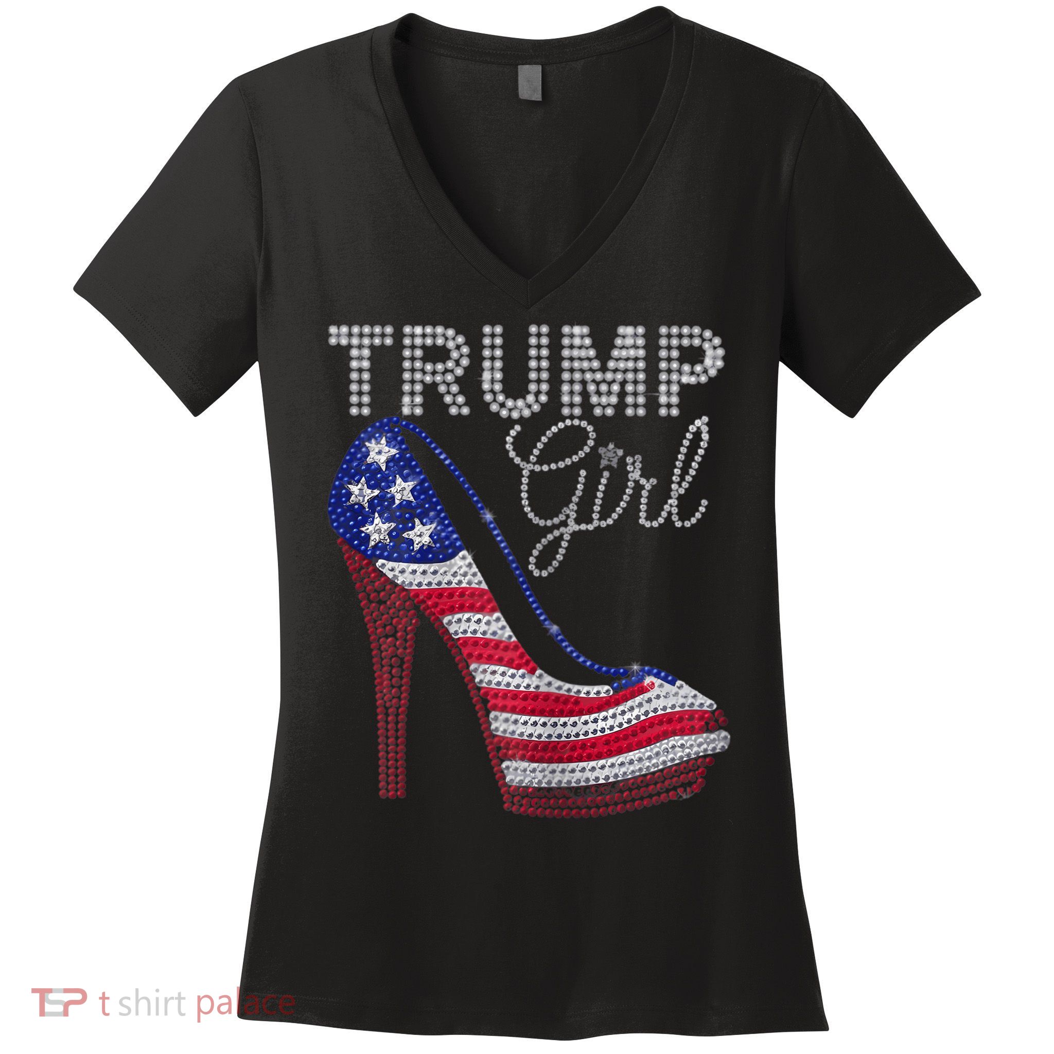 Trump Girl Stilettos High Heel American Flag Bling Women's V-Neck T-Shirt