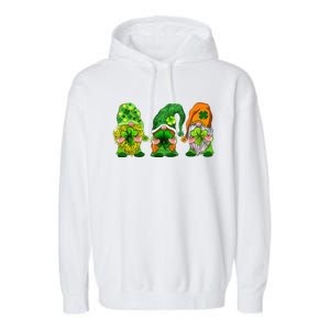 Three Gnomes Shamrock Happy St Patrick's Day Garment-Dyed Fleece Hoodie