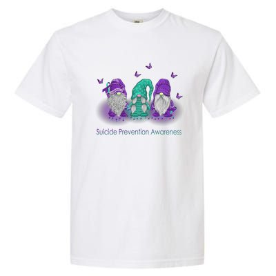 Three Gnome Suicide Prevention Awareness Ribbon Teal Purple Great Gift Garment-Dyed Heavyweight T-Shirt