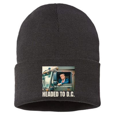 Trump Garbage Truck Headed To D C Trash Truck Funny Maga Sustainable Knit Beanie
