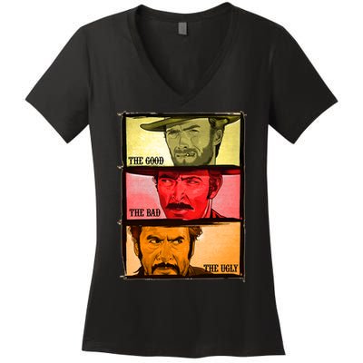 The Good, The Bad, & The Ugly Blondie, Tuco And Angle Eyes Women's V-Neck T-Shirt