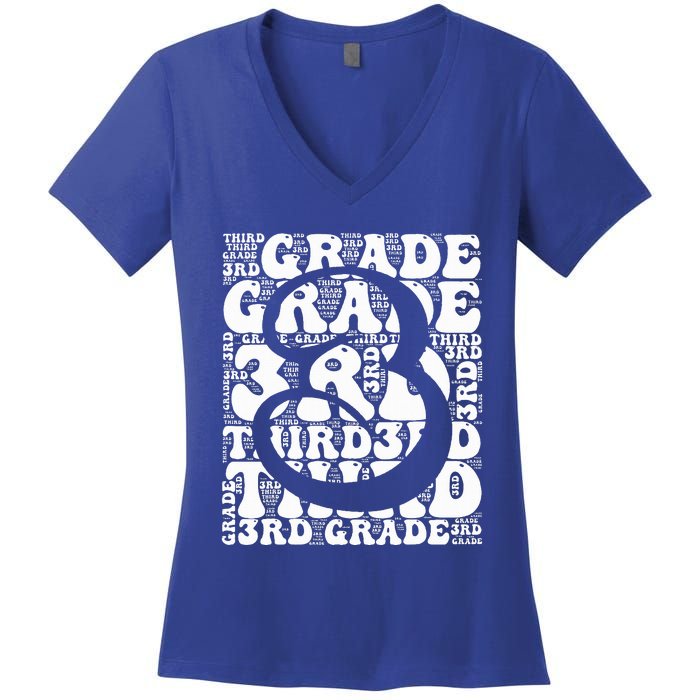 Typography Groovy Third Grade Teacher Back To School Women's V-Neck T-Shirt