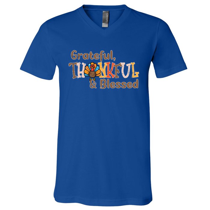 Turkey Grateful Thankful Blessed Thanksgiving Cool Gift V-Neck T-Shirt