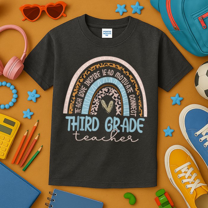 Third Grade Teacher Leopard Rainbow Kids T-Shirt