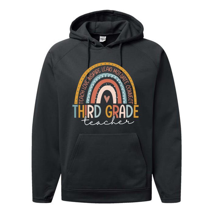 Third Grade Teacher Teach Love Inspire Boho Rainbow Performance Fleece Hoodie