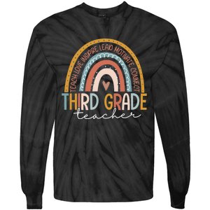 Third Grade Teacher Teach Love Inspire Boho Rainbow Tie-Dye Long Sleeve Shirt