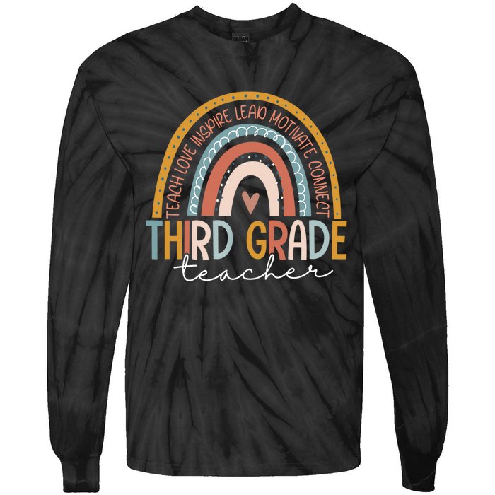 Third Grade Teacher Teach Love Inspire Boho Rainbow Tie-Dye Long Sleeve Shirt