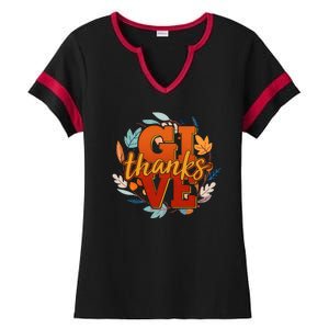 Thanksgiving Give Thanks Autumn Fall Wreath Ladies Halftime Notch Neck Tee