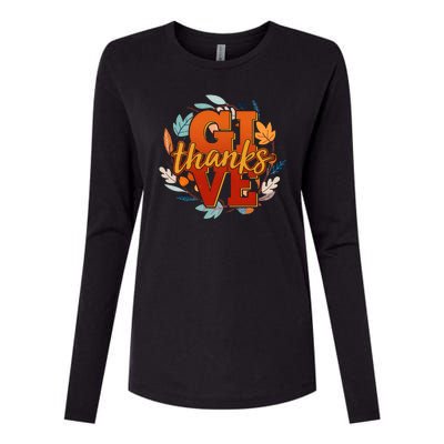 Thanksgiving Give Thanks Autumn Fall Wreath Womens Cotton Relaxed Long Sleeve T-Shirt