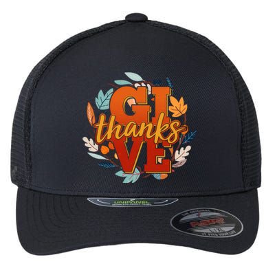 Thanksgiving Give Thanks Autumn Fall Wreath Flexfit Unipanel Trucker Cap