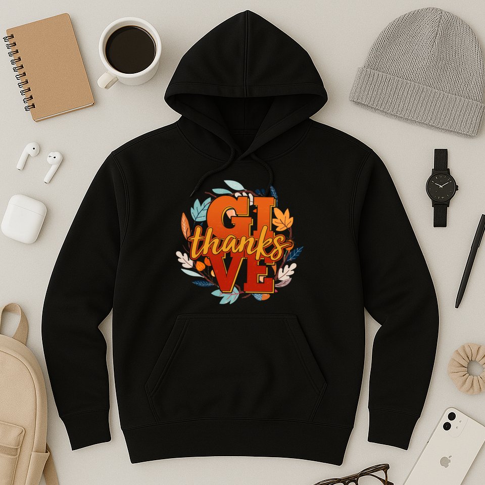 Thanksgiving Give Thanks Autumn Fall Wreath Hoodie