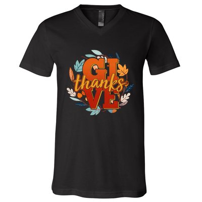 Thanksgiving Give Thanks Autumn Fall Wreath V-Neck T-Shirt
