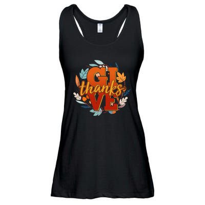 Thanksgiving Give Thanks Autumn Fall Wreath Ladies Essential Flowy Tank