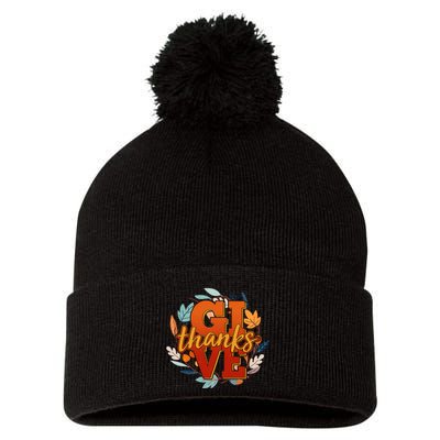Thanksgiving Give Thanks Autumn Fall Wreath Pom Pom 12in Knit Beanie