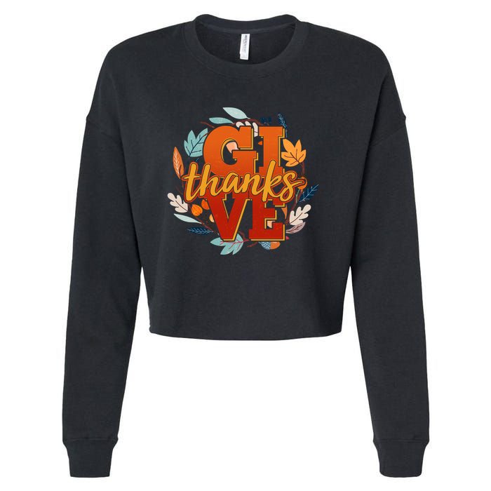 Thanksgiving Give Thanks Autumn Fall Wreath Cropped Pullover Crew