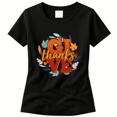 Thanksgiving Give Thanks Autumn Fall Wreath Womens T-Shirt