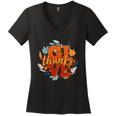 Thanksgiving Give Thanks Autumn Fall Wreath Women's V-Neck T-Shirt