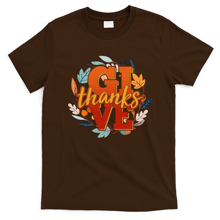 Thanksgiving Give Thanks Autumn Fall Wreath T-Shirt