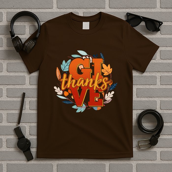 Thanksgiving Give Thanks Autumn Fall Wreath T-Shirt