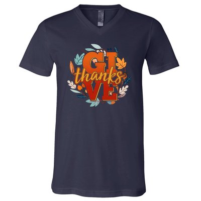 Thanksgiving Give Thanks Autumn Fall Wreath V-Neck T-Shirt