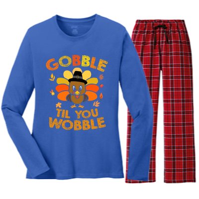 Thanksgiving Gobble Til You Wobble Gift Women's Long Sleeve Flannel Pajama Set 