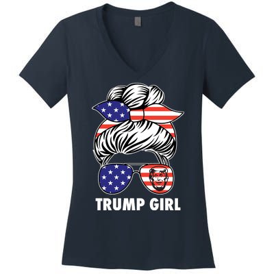 Trump Girl USA American Flag Sunglasses Bandana Women's V-Neck T-Shirt