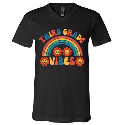 Third Grade Vibes Retro Groovy Third First Day Of School V-Neck T-Shirt