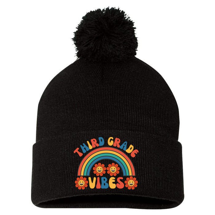 Third Grade Vibes Retro Groovy Third First Day Of School Pom Pom 12in Knit Beanie