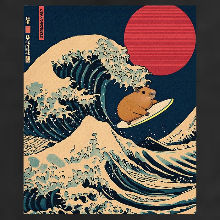 The Great Wave Off Kanagawa Capybara Surfing Japanese Otaku 7 Panel Mesh Trucker Snapback Hat