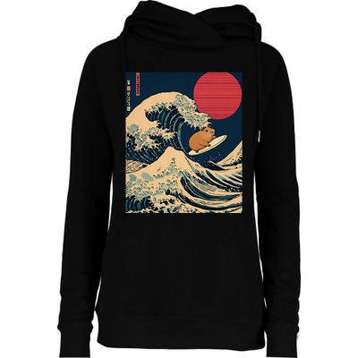 The Great Wave Off Kanagawa Capybara Surfing Japanese Otaku Womens Funnel Neck Pullover Hood
