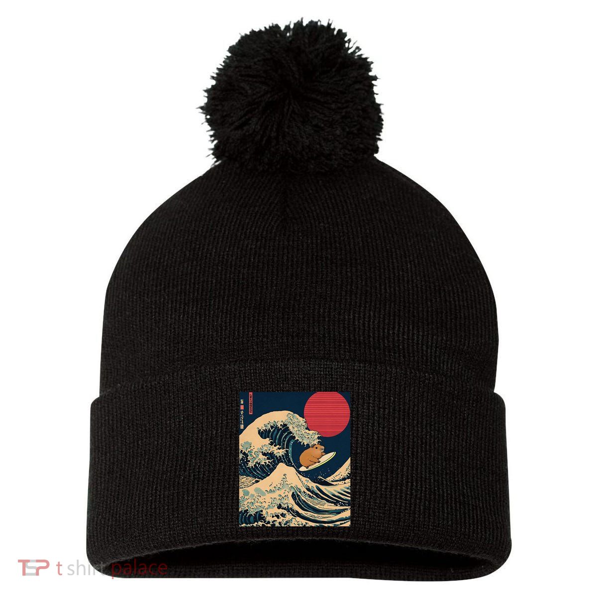 The Great Wave Off Kanagawa Capybara Surfing Japanese Otaku Pom Pom 12in Knit Beanie