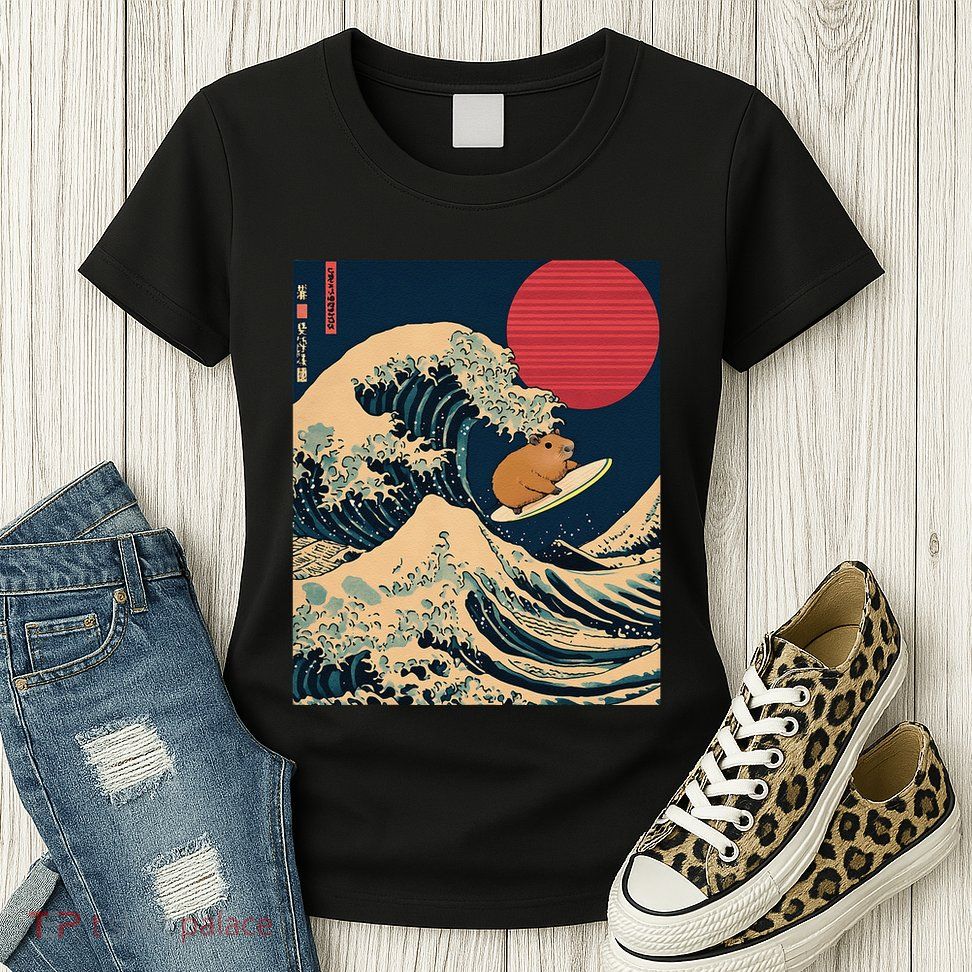 The Great Wave Off Kanagawa Capybara Surfing Japanese Otaku Womens T-Shirt