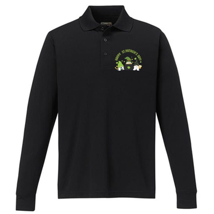 Three Gnomes With Shamrock Happy St Patrick's Day Performance Long Sleeve Polo