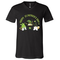 Three Gnomes With Shamrock Happy St Patrick's Day V-Neck T-Shirt