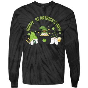 Three Gnomes With Shamrock Happy St Patrick's Day Tie-Dye Long Sleeve Shirt